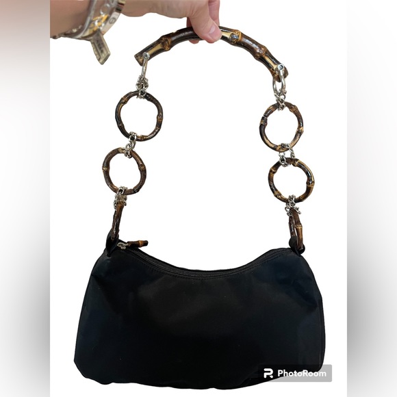 Black bag with bamboo ring handle shoulder bag - Picture 2 of 8